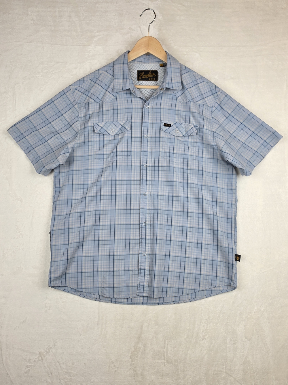 Howler Brothers Open Country Tech Shirt Mens L Blue Plaid Snap Vented Nylon
